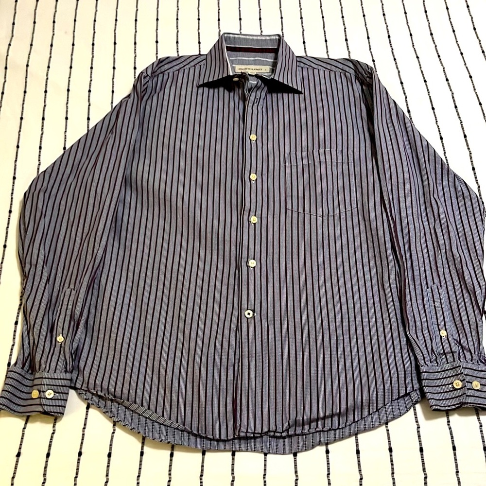 Excellent condition Men’s L blue/burgundy stripe button up long sleeve shirt